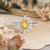 Floral Designed Cluster Ring 1 Carat Oval Cut Vintage Citrine Ring